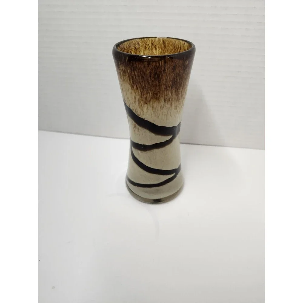 Vintage Tan & Brown Hand Blown Swirl Art Glass Vase 6”